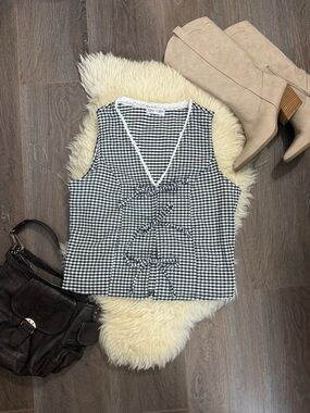 Gingham Tie Front Crop Top Black White Sleeveless Cottagecore Size M